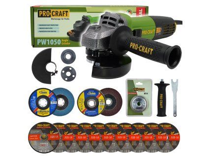 Bruska úhlová Procraft PW1050 + rychloupínací matice, 10x řezný kotouč, 2x lamelový kotouč