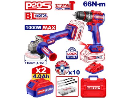 SADA Vrtací šroubovák s příklepem 66Nm a úhlová bruska 115mm AKU 20V 2x4Ah