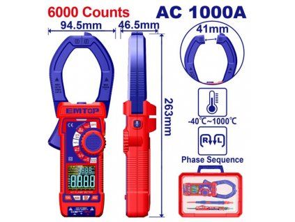Digitální klešťový multimetr AC 1000A RMS 6000